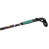 Fishing rod tip with teal thread wrap, black guide, and painted shaft with purple and yellow accents