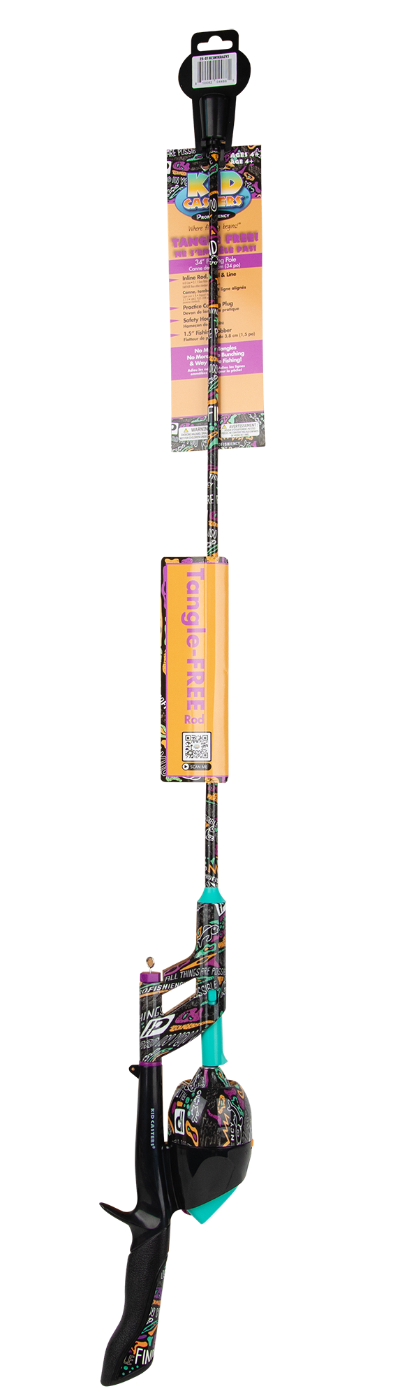 Front of Krazy 3 Tangle-Free 34in inline rod and reel combo, preloaded reel and colorful patterned shaft on white background