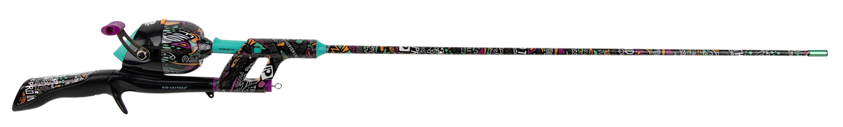 Side view of Profishiency Krazy 3 Tangle-Free Combo rod and reel with colorful graffiti-pattern shaft on white background