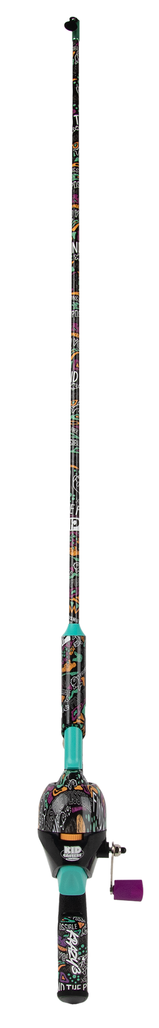 Profishiency Krazy 3 34-inch tangle-free inline rod and reel combo, colorful patterned shaft and teal accents