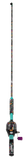 Profishiency Krazy 3 34-inch tangle-free inline rod and reel combo, colorful patterned shaft and teal accents