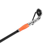 Fishing rod tip guide with chrome frame, black insert and orange thread wrap