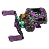 Angled view of Krazy 3 baitcast reel with multicolor graffiti-style finish and purple double handle with cork knobs