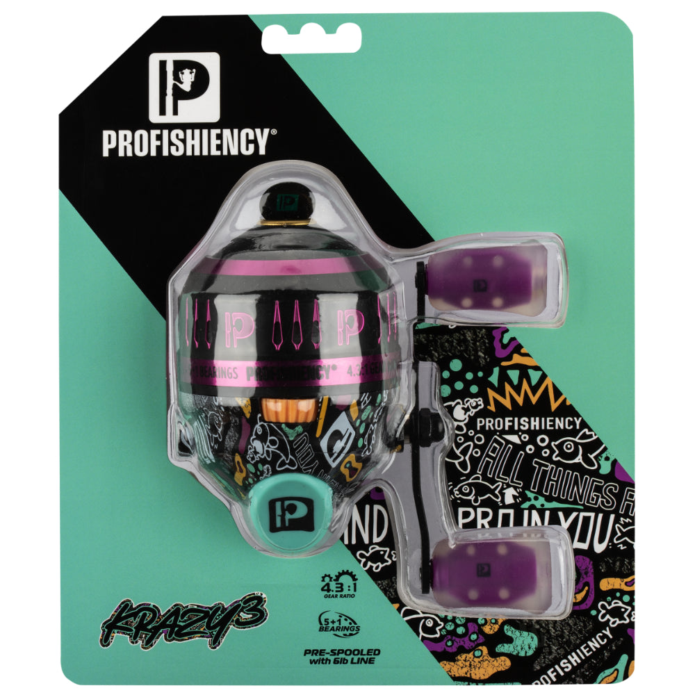 PROFISHIENCY KRAZY3 fishing reel in teal blister pack — 4.3:1, 5+1 BEARINGS, PRE-SPOOLED with 6lb LINE