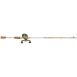 Krazy Casting combo baitcasting rod and reel with teal, orange and white floral pattern and cork handles