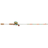 Krazy Casting youth baitcasting rod and reel combo, white shaft with teal and orange pattern and cork handle, side view