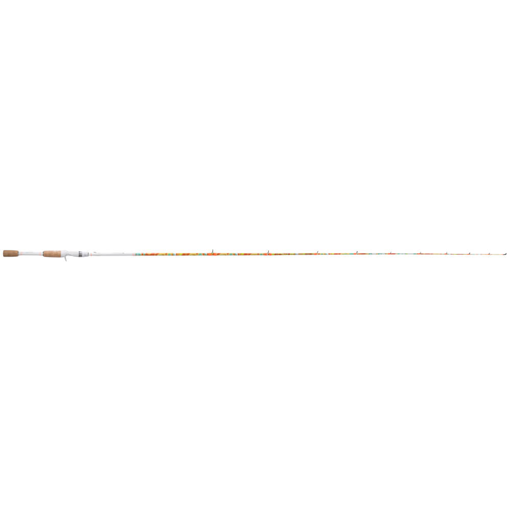 Full-length white baitcasting rod with cork handle and colorful speckled blank, photographed on a white background
