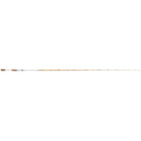 Full-length white baitcasting rod with cork handle and colorful speckled blank, photographed on a white background