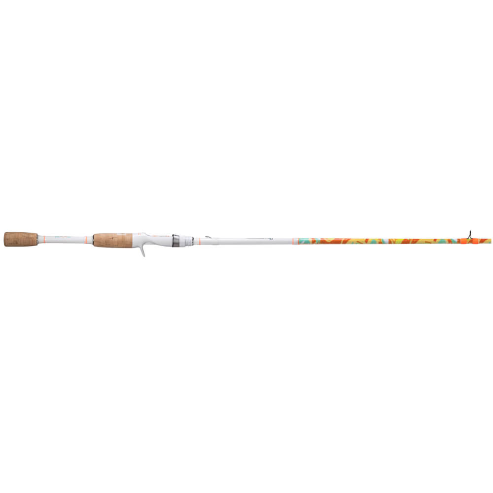 Side view of Profishiency KRAZY 7ft1in medium baitcast rod with cork split-grip handle and colorful tip on white background