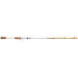 Side view of Profishiency KRAZY 7ft1in medium baitcast rod with cork split-grip handle and colorful tip on white background