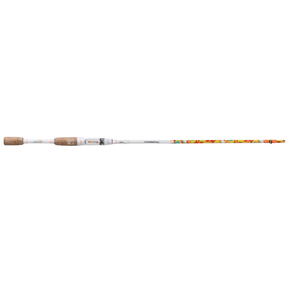 White baitcast fishing rod with cork split-grip handles, white reel seat and orange floral-patterned blank