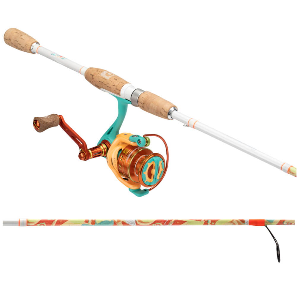 Kid Casters Krazy Spin combo, white fishing rod with patterned blank and teal-orange spinning reel, cork handles