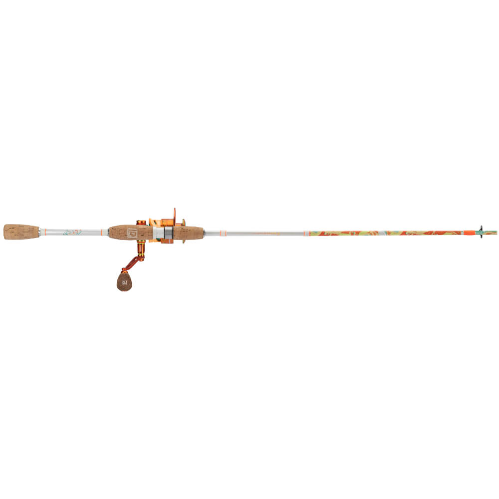 Baitcasting rod-and-reel combo with cork handles, white blank and orange camo tip