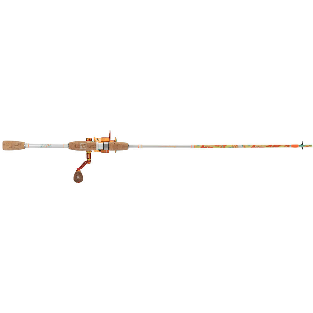 Youth baitcasting rod and reel combo with cork grips, orange low-profile reel, and patterned white rod blank.