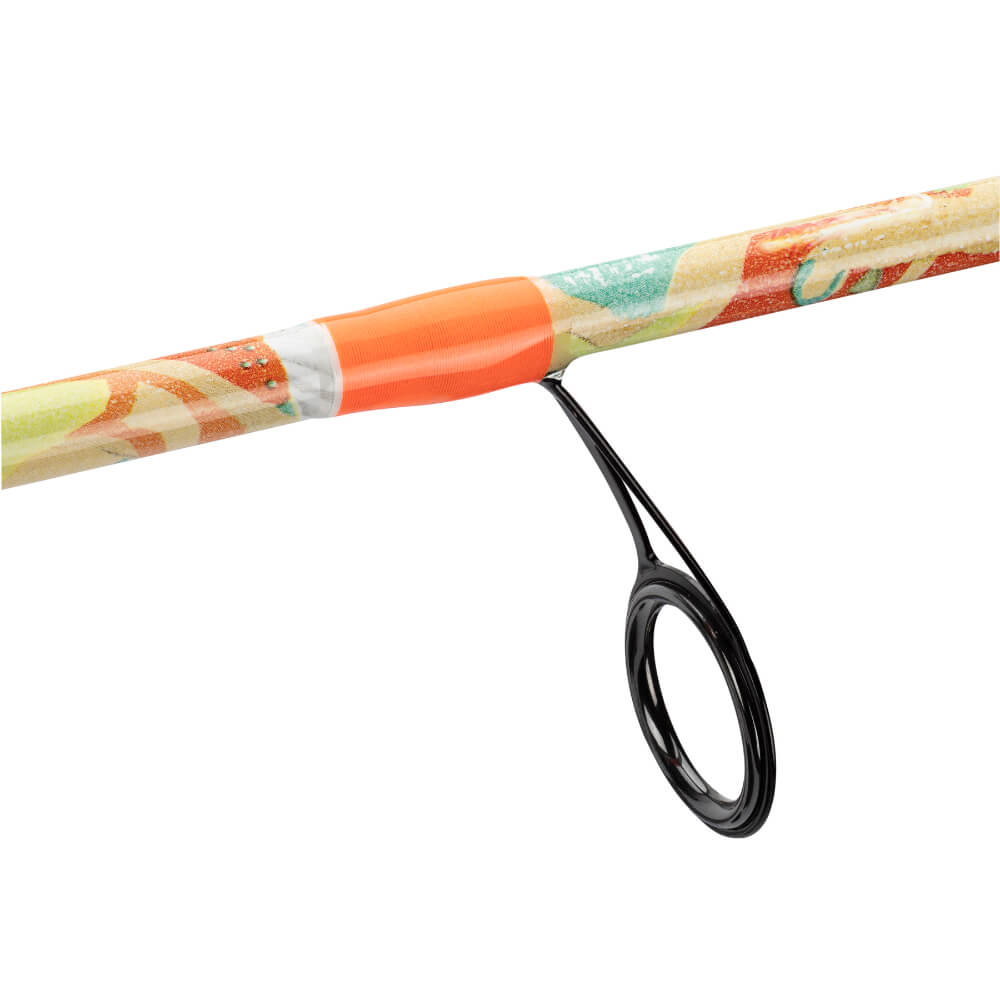 Spinning rod guide with black metal ring and orange patterned thread wrap on the rod blank