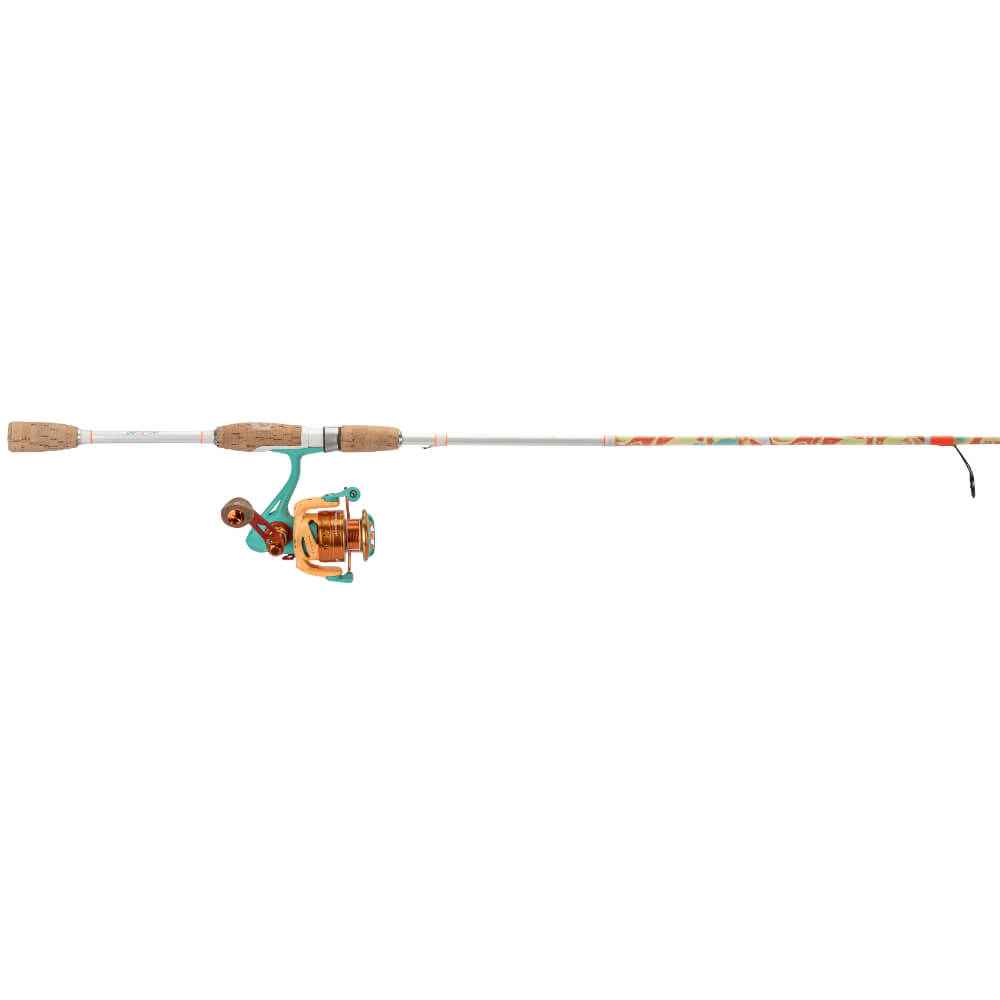Krazy Spin youth fishing rod and spinning reel combo; white floral shaft, cork handles, teal-and-copper reel, side view