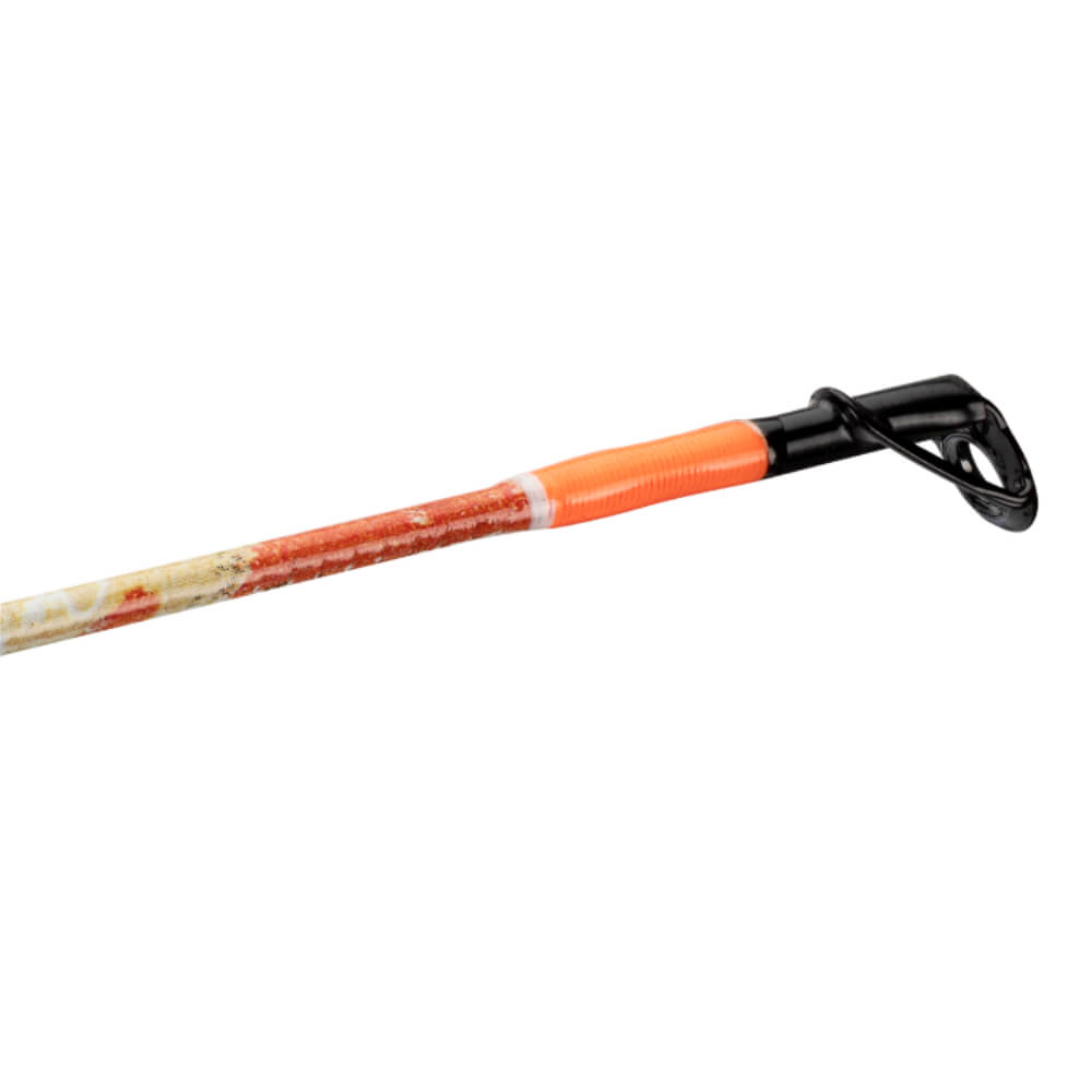 Fishing rod tip with orange shrink-wrap, black line guide and worn white-and-red painted blank