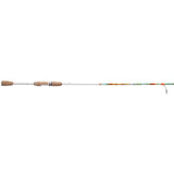 Krzyms670 spinning rod, white shaft with cork handle and colorful patterned tip, side profile
