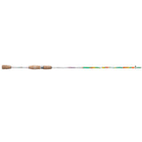 White spinning rod with cork handle and colorful green‑orange abstract pattern on the blank