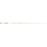 Full-length side view of a white spinning rod with cork handles and colorful patterned blank.