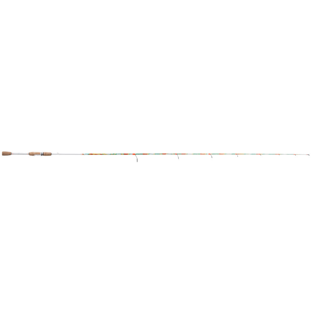 White spinning fishing rod with cork handle and reel seat, multicolored patterned blank and guides, full side view