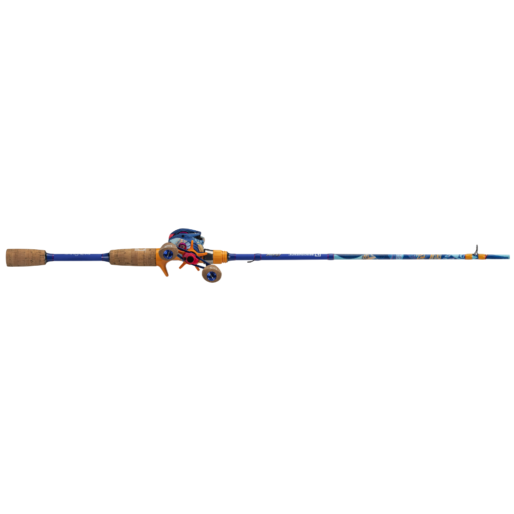 Blue-and-orange youth baitcasting rod and reel with cork handles