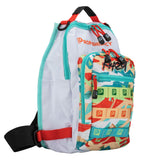 White and teal PROFISHIENCY sling backpack with colorful 'KRAZY' front pocket and repeated 'P' logo tags