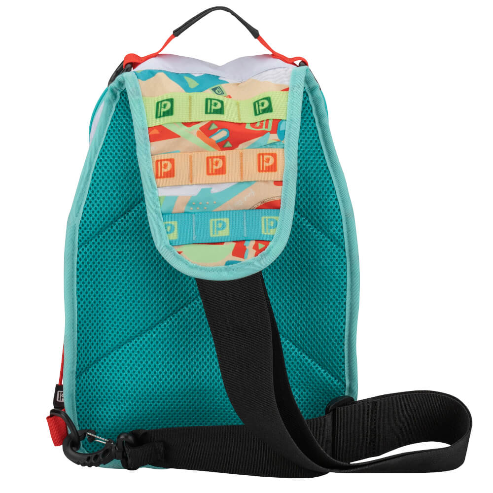 Turquoise mesh kids sling backpack with patterned interior straps showing repeating P logos and a black adjustable shoulder strap