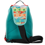Turquoise mesh kids sling backpack with patterned interior straps showing repeating P logos and a black adjustable shoulder strap