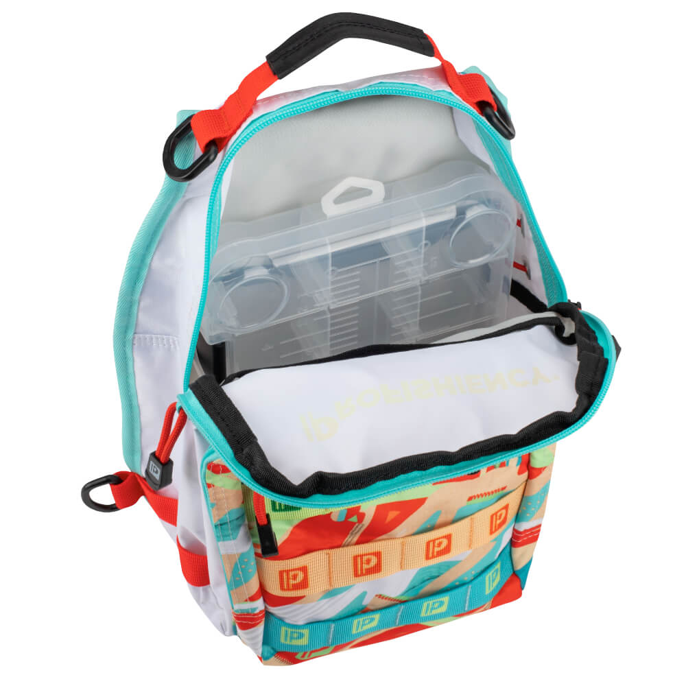 tackle backpack with clear tackle box; 'PROFISHIENCY' on inner flap, 'P' logos and 'ID' tag.