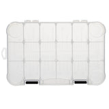 Clear plastic tackle box with removable dividers, 12 compartments and two round end wells