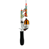 Spinning rod with orange spincast reel, patterned rod seat and black foam handle.