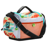 PROFISHIENCY Krazybag duffel, colorful fish-print panels, orange mesh pocket, green P logo tabs and black shoulder strap