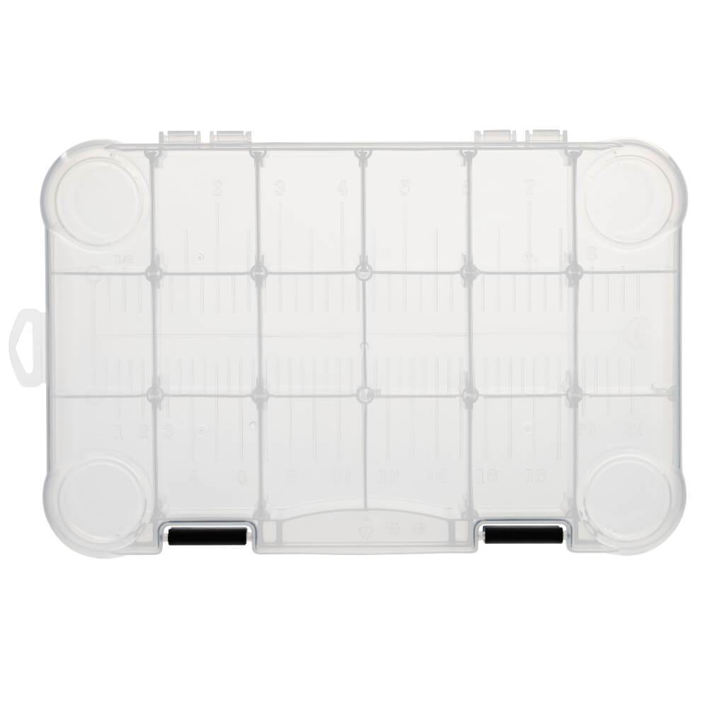 Transparent plastic divided tackle box with multiple rectangular compartments and two black snap latches