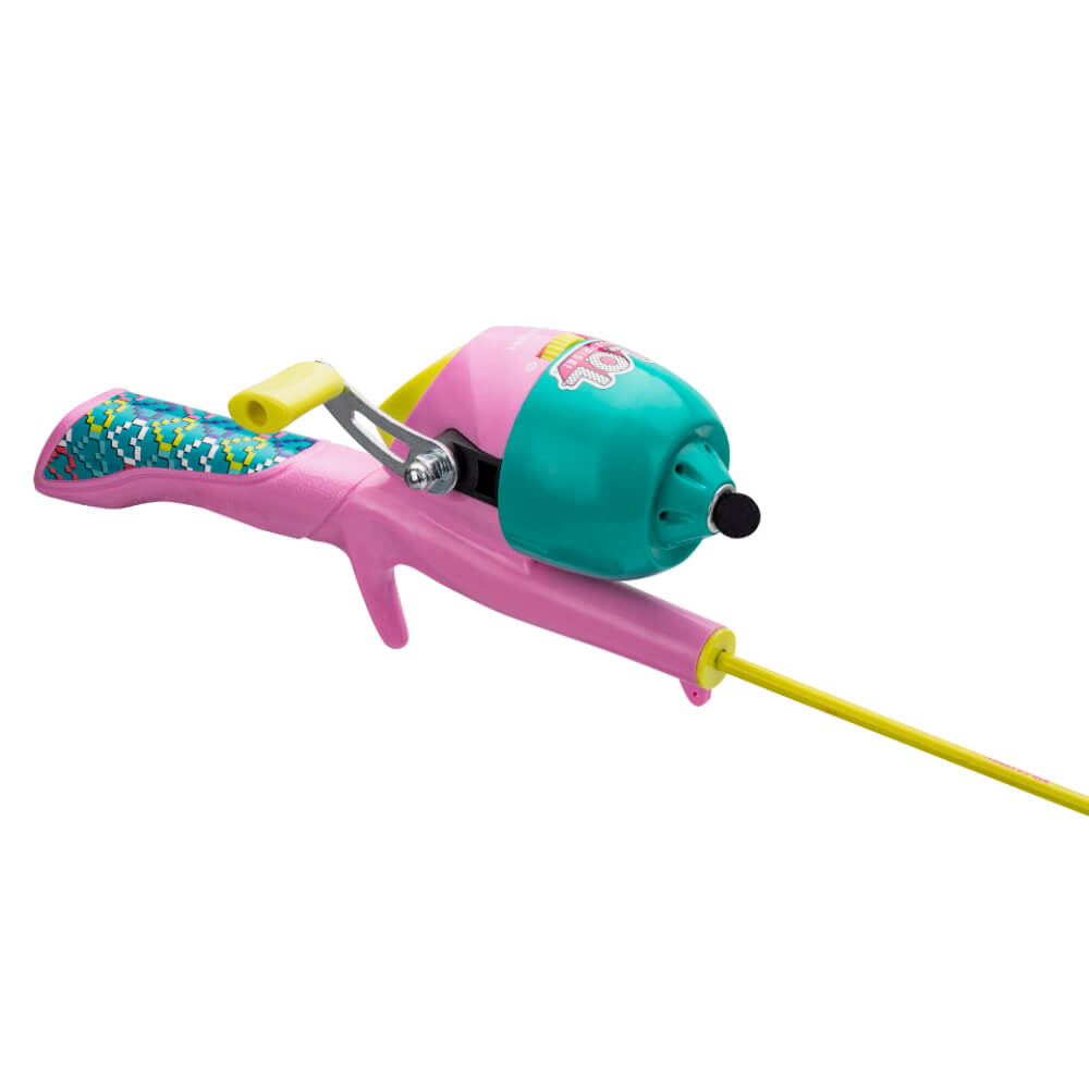 LOL Surprise youth fishing rod and reel, pink handle, teal reel and yellow rod