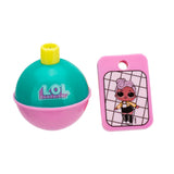 Front view of L.O.L. Surprise green and pink toy capsule with 'LOL SURPRISE' logo and pink character tag on white background