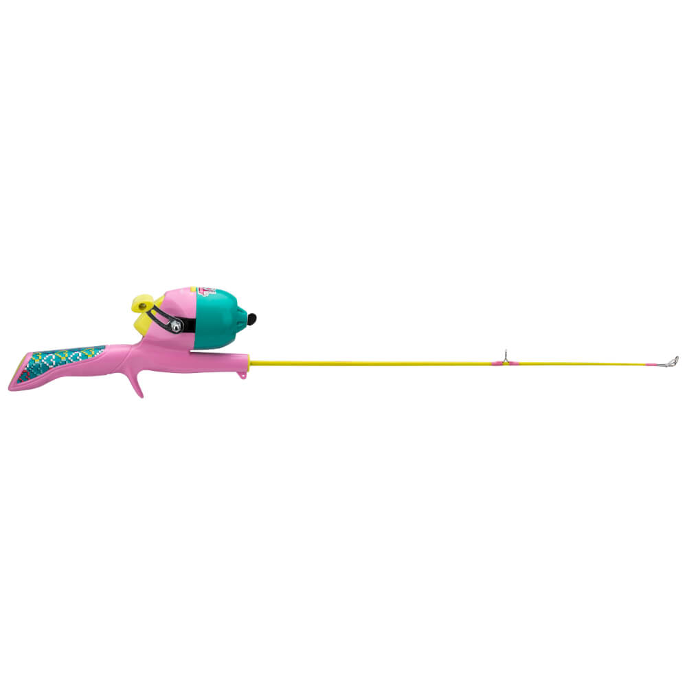 Side view of LOL Surprise kids fishing pole with pink push-button handle and teal closed-face reel pre-spooled with 6 lb line