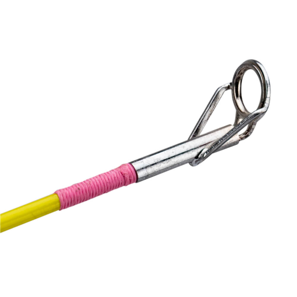Close-up of L.O.L. Surprise youth fishing pole tip showing metal guide and pink thread wrap on yellow rod