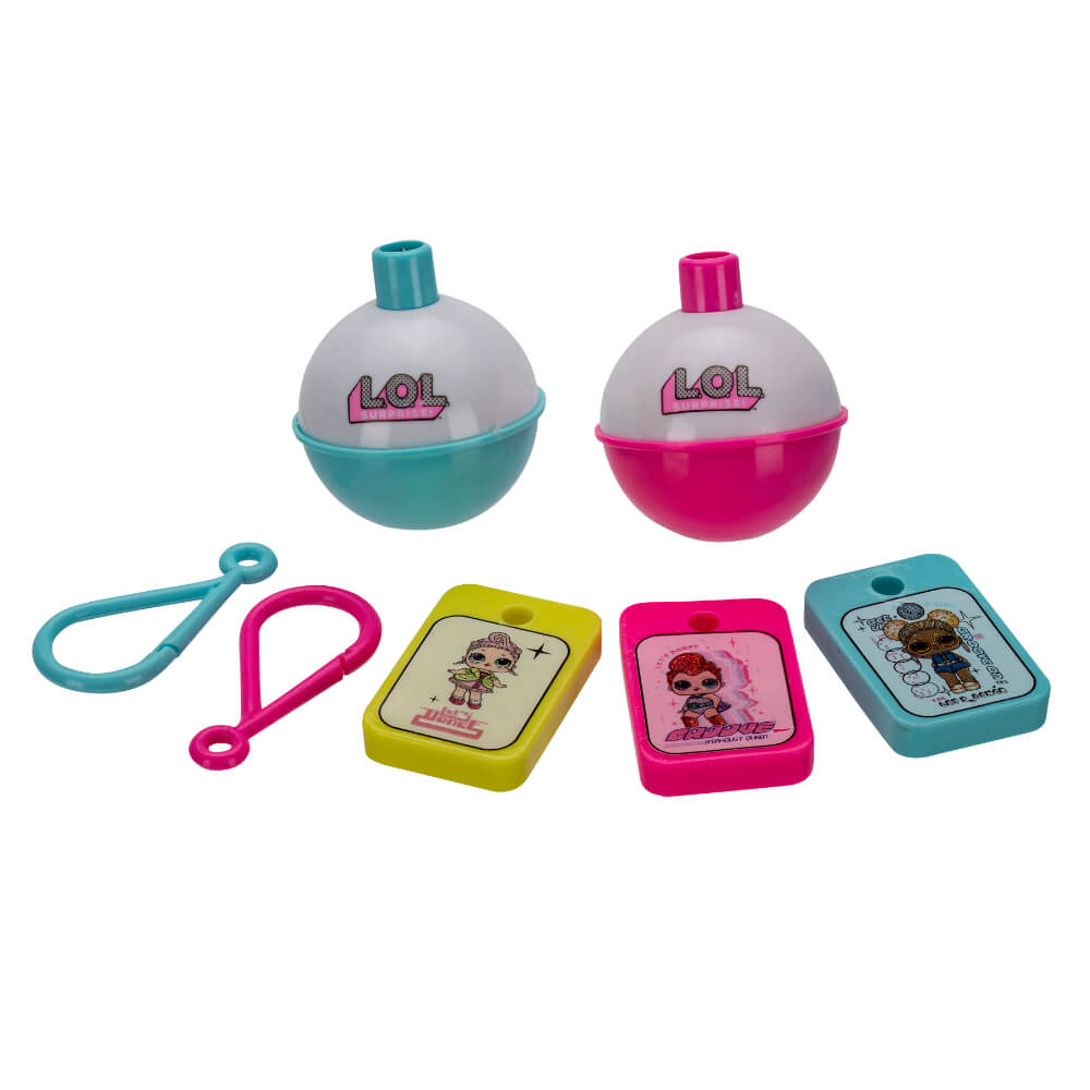 Two LOL surprise balls (teal and pink) with three character key tags and two plastic clips