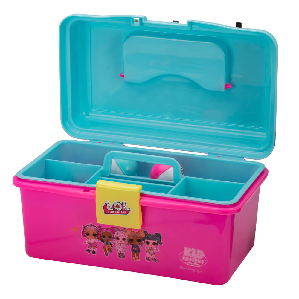 Pink and teal LOL Surprise playbox with open lid, compartments, yellow latch labeled 'LOL SURPRISE!' and 'KID CARRIERS' sticker