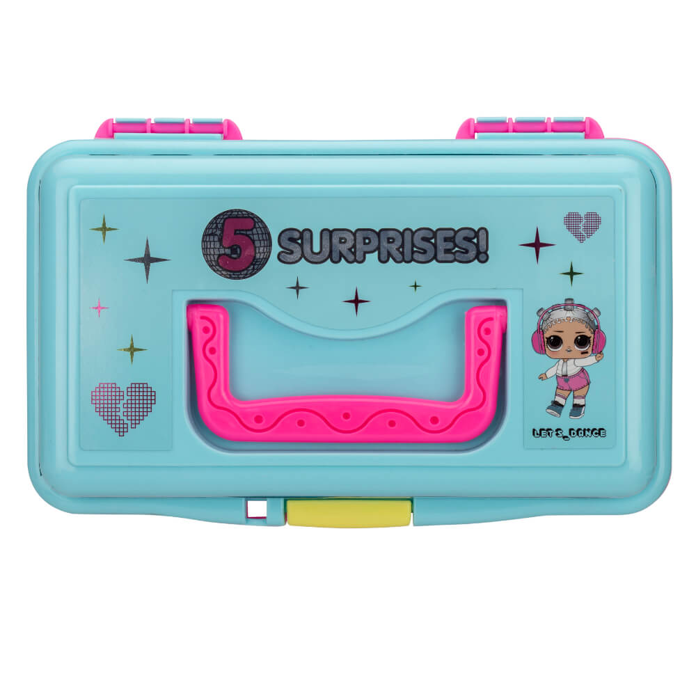 Blue and pink L.O.L. Surprise playbox with handle, front text '5 SURPRISES!' and 'LET'S DANCE', small dancing doll graphic
