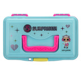 Blue and pink L.O.L. Surprise playbox with handle, front text '5 SURPRISES!' and 'LET'S DANCE', small dancing doll graphic