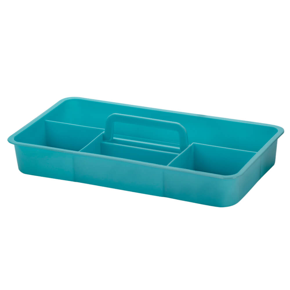 Teal plastic caddy with central handle and three compartments for organizing craft supplies or tackle