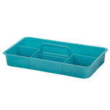 Teal plastic caddy with central handle and three compartments for organizing craft supplies or tackle