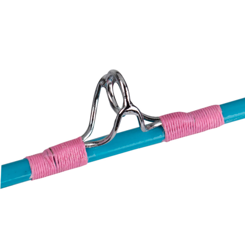Close-up of Profishiency My Little Pony youth fishing rod guide with chrome ring and pink thread wraps on white background