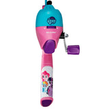 Front view of My Little Pony fishing rod handle with teal and pink reel, purple crank, and pony graphic on white background