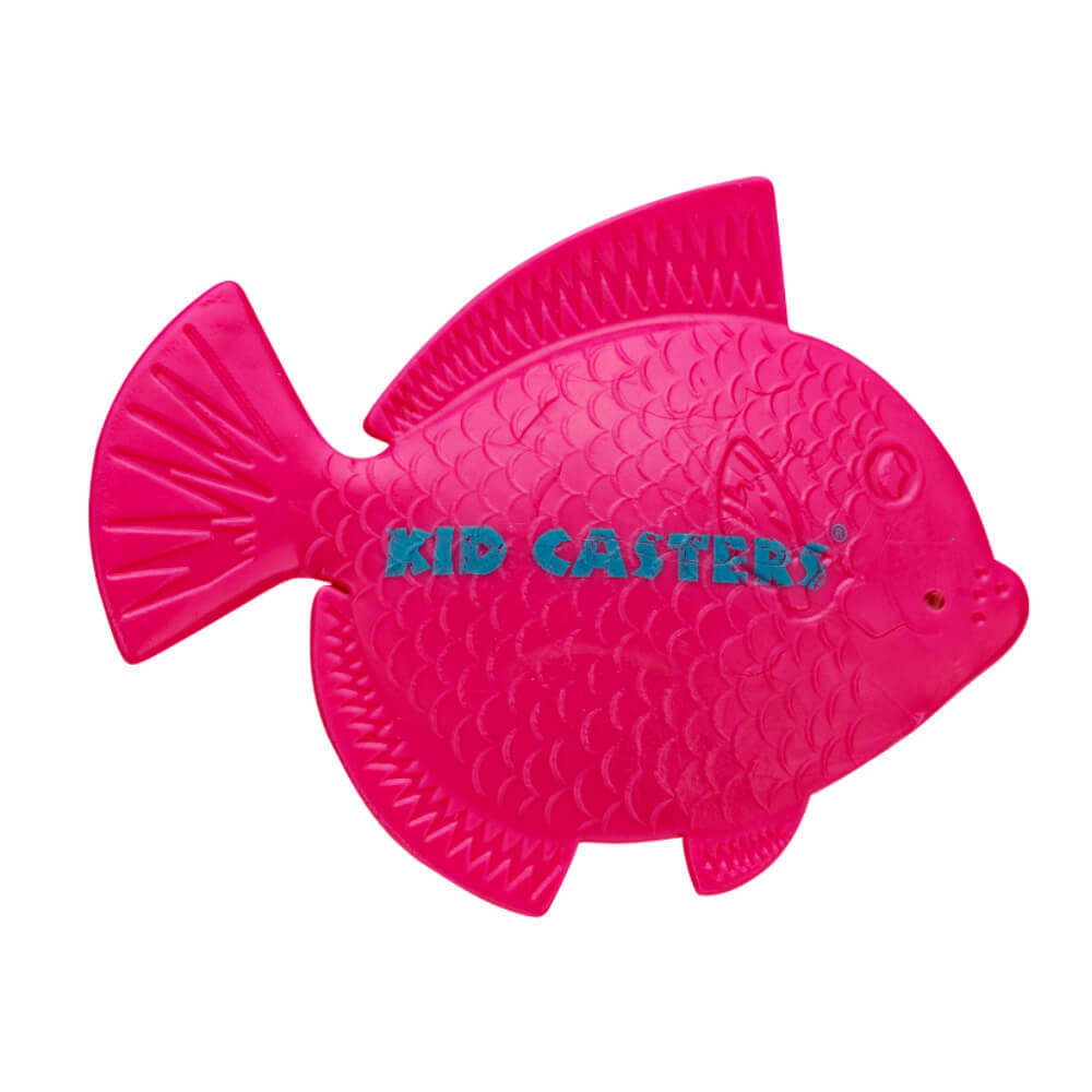 Front view of pink fish-shaped practice casting plug showing embossed scales and teal 'KID CASTERS' text on white background