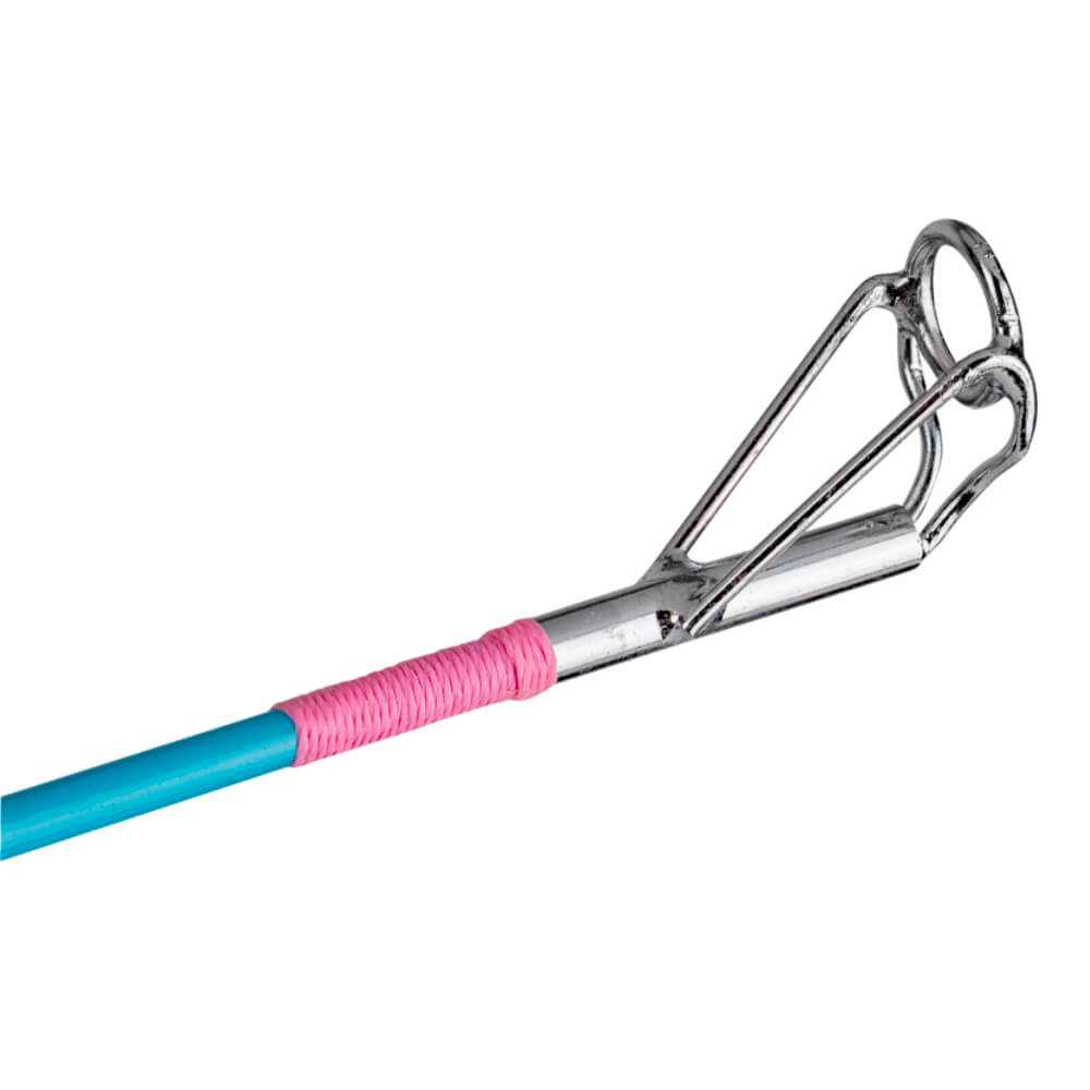 Close-up of My Little Pony youth fishing pole tip showcasing pink wrapped rod joint and chrome line guide on white background