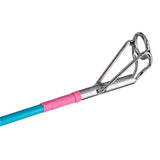 Close-up of My Little Pony youth fishing pole tip showcasing pink wrapped rod joint and chrome line guide on white background