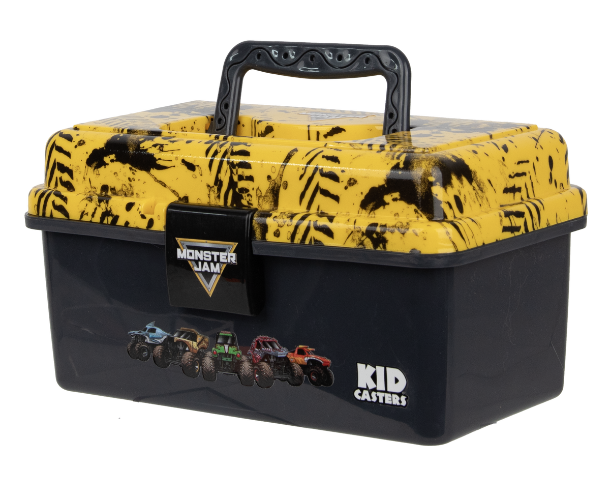 Quarter view of Monster Jam Play Box with yellow lid pattern, handle and front locking latch with Monster Jam logo, dark base